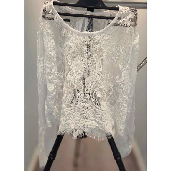 The Hanger White Sheer Floral Lace Blouse Size Medium Light Blue Boho Chic Top - Picture 2 of 4